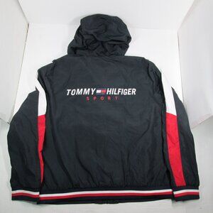 Tommy Hilfiger Sport Men's Hooded Jacket Windbreaker Back Spellout Black Size XL